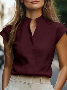 Blusa de manga corta con cuello en pico de unicolor minimalista para uso casual y diario en verano - Burdeos - Ver 1
