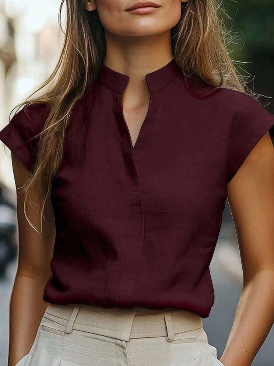 Blusa de manga corta con cuello en pico de unicolor minimalista para uso casual y diario en verano - Burdeos - Ver 1