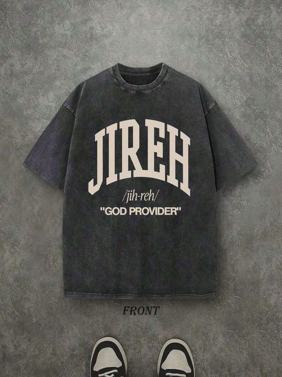 Camiseta Retro Lavada con Estampado a una Cara (Camiseta de 230 g de Algodón Puro) con Estampado de Letras y Patrones 'JIREH GOD PROVIDER', Regalo Cristiano, Camiseta para Hombre, Camisa Casual para Hombre, Camiseta Cómoda y a la Moda, Estilo Urbano de Algodón - Negro - Ver 1