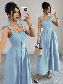 Nuevo vestido largo elegante y versátil para mujeres con textura de tiras y tejido bicolor ajustado para uso diario - Celeste - Ver 3