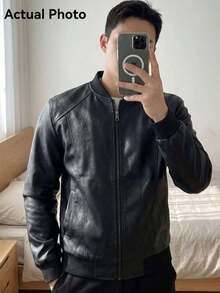 Men's Faux Leather Jacket, Valentine's Day Gift, Men's Bomber Jacket, Motorcycle Style, Retro Men's Leather Jacket, Suitable For Motorcycle Riding, Outdoor Activities, Suitable For Boyfriend, Husband, Professional Leather Jacket Design, Essential Men's Leather Jacket, Valentine's Day Gift, All-Season - 黑色 - 查看 6