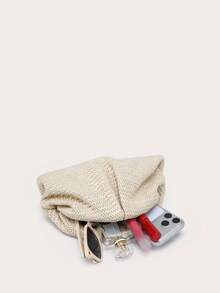 Bolso de mano de paja plisado para mujer, con pliegues ligeros como una nube, minimalista y de moda, gran capacidad, adecuado para compras al aire libre y vacaciones en la playa - Albaricoque - Ver 5