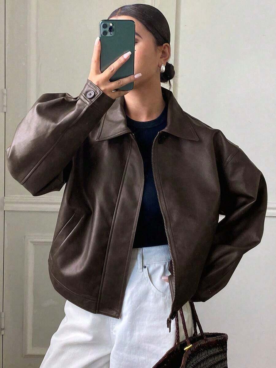 Chaqueta regular de mujer de PU gruesa, suelta y casual, nueva para otoño/invierno - Óxido marrón - Ver 1