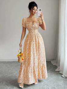 vestido de mujer con estampado digital, mangas abullonadas, nudo delantero, espalda descubierta y cintura ceñida.Elegante y chic para vacaciones, citas, estilizador y adelgazante - Naranja - Ver 4