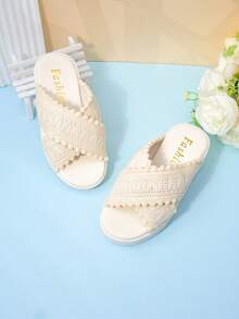Girls' Beige Woven Wool Ball Thick Soled Slippers, Bohemian Style Cross With Sloping Heels, 2026 Summer New Item - Beige - View 2