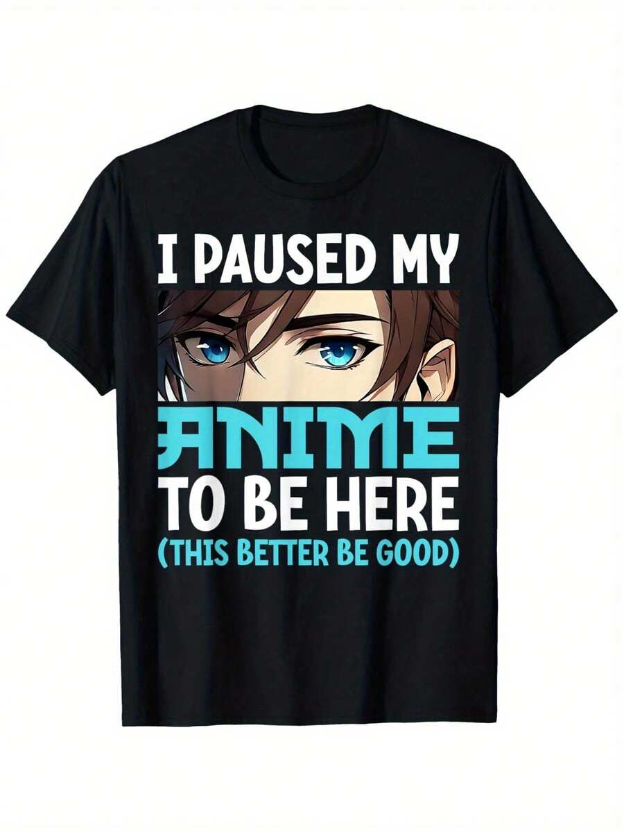 Unisex T-Shirt With Anime Graphic Print, Anime Eyes And Bold Text, Black, Short Sleeve, Regular Fit, Washable, Comfortable For All Seasons, Casual Anime-Themed Clothing, Medium Elasticity. - 黑色 - 查看 1