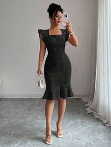 Vestido elegante de jacquard de cuello cuadrado y manga corta para uso diario, verano - Negro - Ver 7