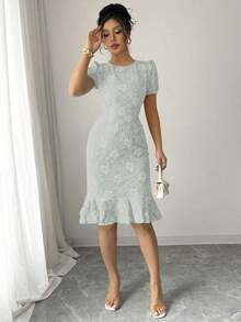 Vestido elegante de mujer de tela jacquard con cuello redondo, mangas abullonadas y volante en el bajo, de silueta ceñida y longitud media.Adecuado para diversos ocasiones como uso diario, cócteles y estilo callejero.Verano - Verde - Ver 5