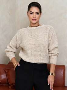 Women's Long-Sleeved Knit Sweater For Winter, Basic Style, Round Neck, Chenille Mousse Fabric, Cross Needle, Thick, Comfortable, Waffle Style - Nude - View 2