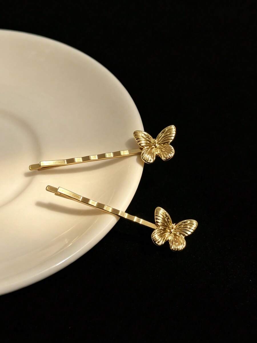 2 piezas Pasadores de pelo para niñas, diseño elegante de mariposa, pasadores para el cabello lateral y rebelde, adecuados para la escuela, casual, vacaciones, boda, peinado - Multicolor - Ver 1