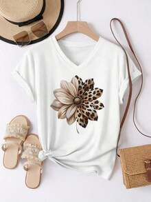 Nueva Ropa 2026 , Camiseta Casual de Manga Corta con Cuello Redondo y Estampado Floral con Textura de Leopardo para Mujer, Verano - Blanco 4 - Ver 3