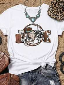 Women's Casual Denim-Style T-Shirt With LOVE Letter Print And Western Elements, Soft Fabric, Loose Fit, Round Neck, Short Sleeves For Spring/Summer Outdoor Parties QRYS - 白色的 - 查看 12