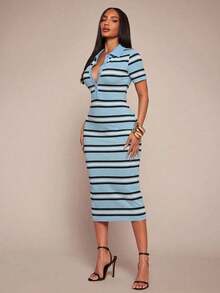 Vestido camisero de mujer de estilo casual, elegante y de negocios, con rayas negras y blancas.Vestido midi de punto elástico y ajustado.Vestido chic francés a rayas en blanco y negro.Vestido midi a rayas.Vestido midi ajustado a rayas.Vestido de verano de mujer con cuello a rayas. - Multicolor 3 - Ver 4