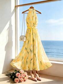 Vestido de mujer con estampado digital, cuello halter y cintura ajustada, adecuado para vacaciones en la playa y viajes - Amarillo - Ver 2