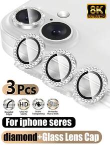 MIGAE 3入裝 17 鑽石銀相機鏡頭保護貼，9H 鋼化玻璃相機蓋螢幕保護貼，高清晰透明，附金屬環，適用於 iPhone 17 6.3 吋、17 Pro Max、16 Pro Max、15 Pro、14 Pro Max、13、12、11 Pro Max 閃光燈鏡頭保護殼，手機配件，相容手機殼 - 銀色 - 查看 15