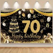1 件 70 岁生日快乐背景布，黑色和金色生日庆祝背景装饰背景布，非常适合装饰父母的 70 岁生日派对，也适合装饰 70 岁生日派对、70 岁蛋糕桌和 70 岁摄影背景布。 - 多色 - 查看 2