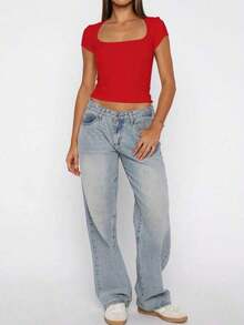 Blusa ajustada y sexy de punto para mujer , camiseta casual de cuello cuadrado de unicolor, primavera/verano - sello - Ver 5