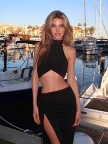 Conjunto de top halter y falda larga con abertura color liso elegante y cómodo - Negro - Ver 3