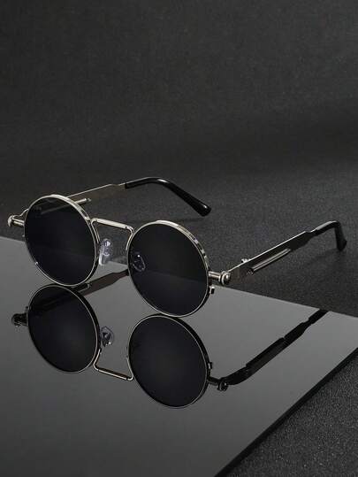 1 par de gafas de moda estilo steampunk redondas de metal para hombres, con diseño de patilla de resorte, adecuadas para deportes al aire libre, ciclismo, conducción, pesca, viajes, vacaciones en la playa