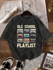 Plus Size Women's Vintage Washed Tape Pattern T-Shirt, Round Neck Short Sleeve Top, Retro Music Style Casual Shirt, Spring/Summer Black - Black - View 2