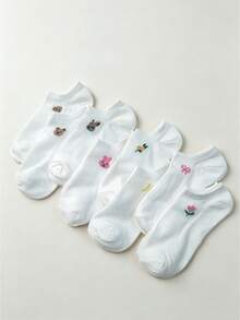 1/4/8 Pairs Summer White Minimalist Cartoon Bear/Rabbit/Tulip/Banana Pattern, Cute Animal & Floral Short Socks, Soft Low-Cut Socks, Casual, Daily Versatile Socks - Multicolor - View 7