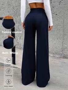 Pantalones deportivos de cintura alta minimalistas para mujer, con piernas anchas, para fitness y running. Leggings casuales cómodos, de gran elasticidad y acampanados, ideales para yoga y uso diario. Color: Negro - Azul marino - Ver 4