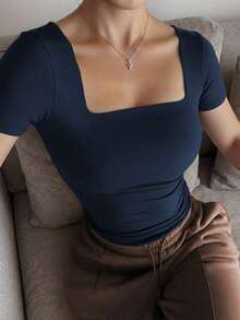 Blusa de manga corta y cuello redondo casual y elegante, adecuada para uso diario, ir al trabajo y salir, primavera/verano blanco - Azul marino - Ver 2