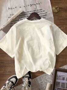Camiseta de manga corta de cuello redondo con estampado de leopardo y estrella, casual de verano para mujer - Blanco - Ver 4