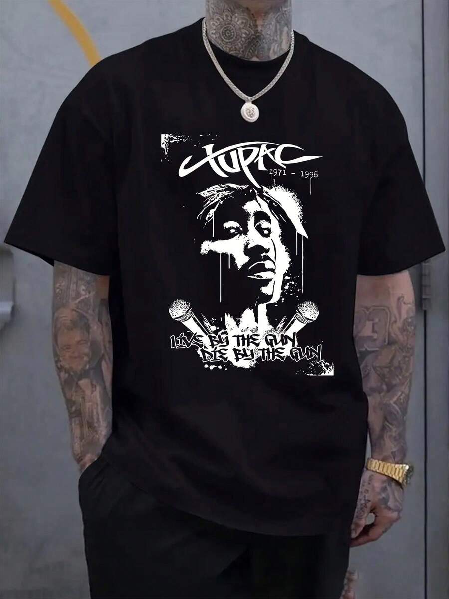 Men's Rap Legend Iconic Rapper Print T-Shirt - Short Sleeve Round Neck Casual Summer Tee Suitable For Spring & Outdoor Wear, Machine Washable Retro Music Apparel For Hip-Hop Fansmen's Summer Clothes,Designer Shirts Men,Graphic T,Summer Clothes,Summer Tops,Fathers Day Gift,100 Percent Cotton,Men Women T-Shirt Print Tee,Hombre Verano,Camiseta Hombre, Hombre,Camiseta Hombre Algodón - màu đen - Xem 1