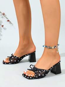 Sandal Hak Tinggi Jala Ujung Terbuka Hitam, Sandal Musim Panas Serbaguna Hak Tipis Minimalis untuk Wanita, Motif Polkadot - Hitam - View 4