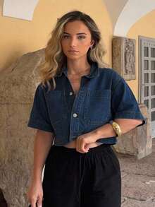 Chaqueta de manga corta de mezclilla con doble bolsillo para mujer, casual, de verano - Azul lavado oscuro - Ver 4