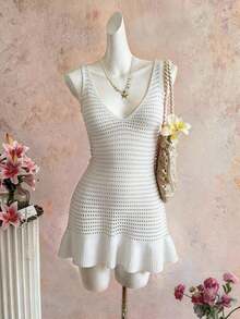 Sleeveless Knit Dress With V-Neck And Open Back, Casual Style For Beach And Spring/Summer Vacation - 白色 - 查看 4