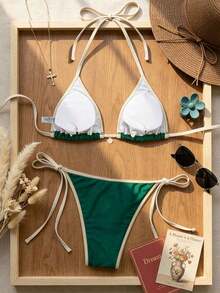 Conjunto de bikini con estampado floral aleatorio para vacaciones en la playa - Verde - Ver 2