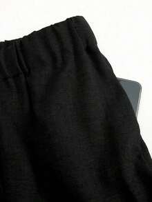 Conjunto casual de vacaciones para mujer, blusa con cuello redondo y estampado teñido anudado en la espalda, combinada con shorts estampados, para /verano - Negro - Ver 4