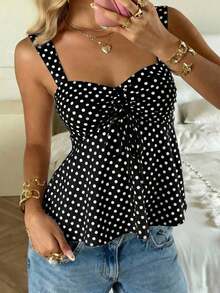 Nueva Colección Primavera/Verano 2026 para Mujer: Blusa/Top sin Mangas con Volantes y Cordón Ajustable, Estampado de Lunares Amarillo Buttercup y Marrón, Estilo Casual y Versátil, Top de Verano - Negro - Ver 1