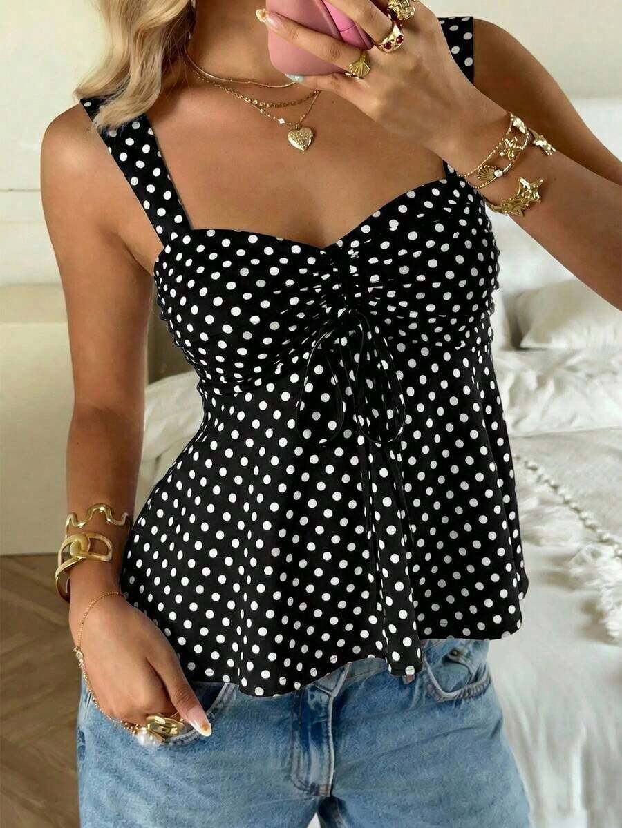 Nueva Colección Primavera/Verano 2026 para Mujer: Blusa/Top sin Mangas con Volantes y Cordón Ajustable, Estampado de Lunares Amarillo Buttercup y Marrón, Estilo Casual y Versátil, Top de Verano - Negro - Ver 1