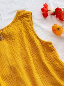 Top sin espalda con textura y lazo, holgado y casual para vacaciones, shorts casuales con elástico en la cintura y bolsillos, para playa y mar - Amarillo - Ver 4