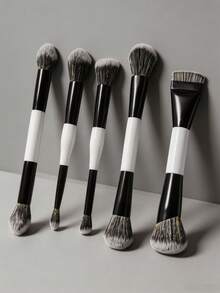 5pcs Professional Dual-Ended Makeup Brush Set, Perfect Makeup Brush 5-Piece Set For Face & Eye Makeup, Including Foundation Brush, Eyeshadow Brush, Contour Brush, Concealer Brush, Blush Brush, Powder Brush, Highlighter Brush, Essential Makeup Tools For Daily Use, Beginner Makeup Kit, Gift For Her - Black and White - View 1