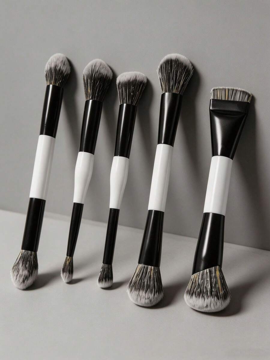5pcs Professional Dual-Ended Makeup Brush Set, Perfect Makeup Brush 5-Piece Set For Face & Eye Makeup, Including Foundation Brush, Eyeshadow Brush, Contour Brush, Concealer Brush, Blush Brush, Powder Brush, Highlighter Brush, Essential Makeup Tools For Daily Use, Beginner Makeup Kit, Gift For Her - Black and White - View 1