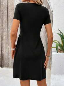 Vestido de manga corta y cuello en V para mujer, con un unicolor y diseño sencillo - Negro - Ver 2
