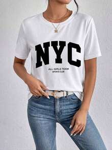 Camiseta suave 100% algodón, camiseta casual para mujer con estampado gráfico de Nueva York, manga corta, cuello redondo, corte regular, top de ropa urbana con ligera elasticidad, camiseta de algodón transpirable, combina con todo, genial. - Blanco - Ver 2