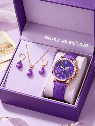 4pcs/Set New Women's Watch Jewelry Set - Elegant PU Leather Strap Quartz Watch, Necklace, Earrings, Suitable For Wedding, Birthday, Party, Easter, Christmas, Valentine's Day And Other Occasions As Jewelry Gift