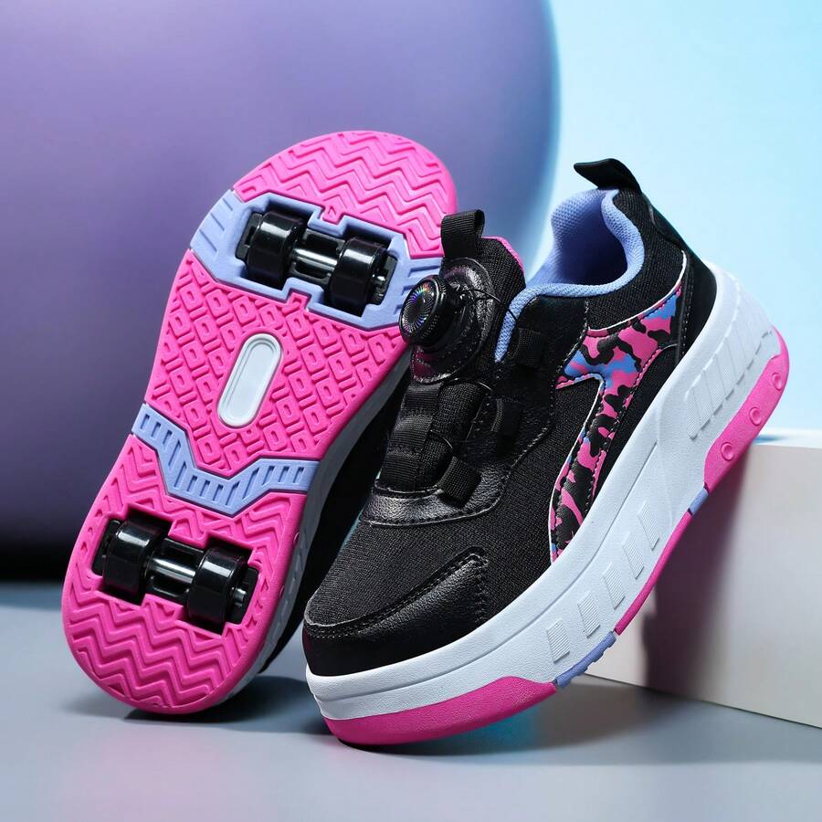 1 Pair Adult Rotary Buckle No-Tie Wheeled Sports Shoes, Detachable 4-Wheel Camouflage Roller Skates, Black Purple Colorful Casual Skateboard Shoes & Roller Skates