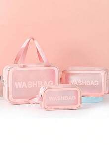 3/1pc Transparent Toiletry Bag Set, Waterproof Transparent Makeup Bag With Handle, Thickened PVC Material Wear-Resistant And Splash-Proof, Waterproof Material, With Frosted Transparent Window, Essential Beach Bag And Toiletry Bag For Vacation - Pink - View 6