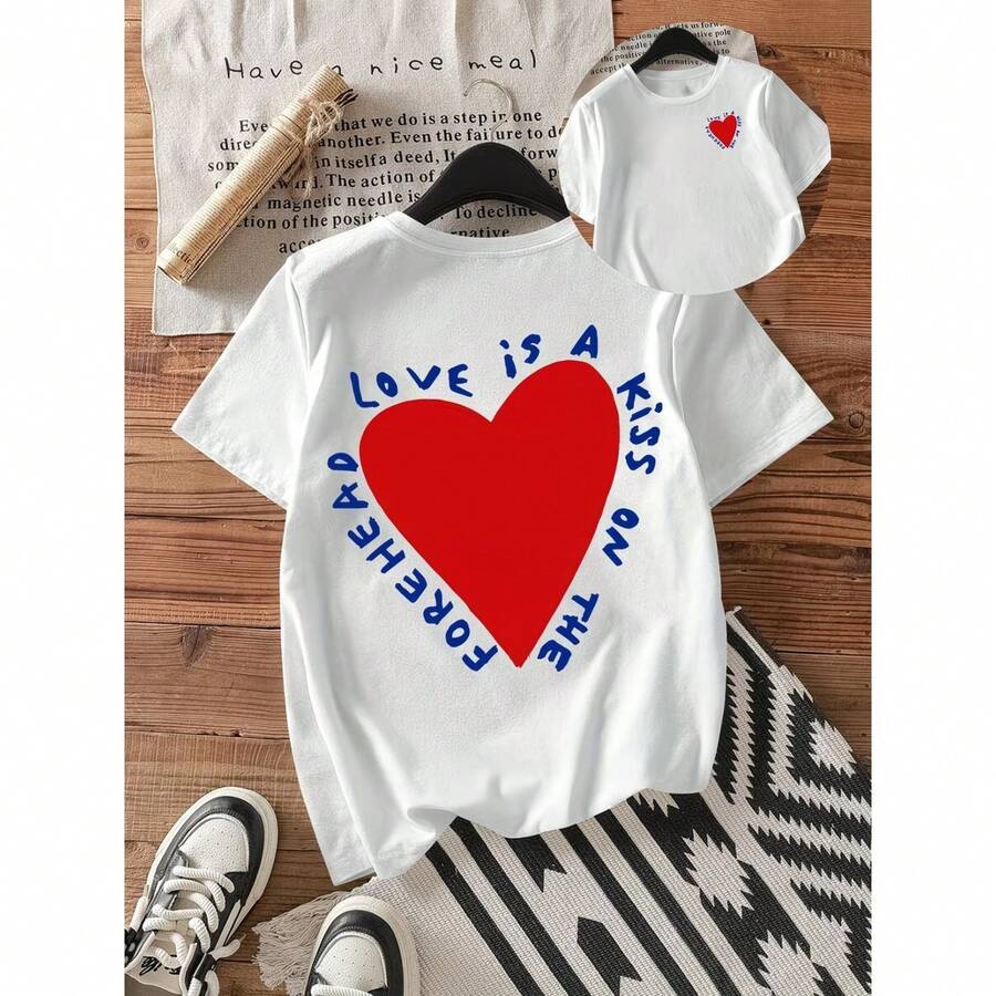 Camiseta con gran diseño artístico de corazón y frase romántica circular en estilo gráfico moderno, camiseta de algodón puro. - Blanco - Ver 1