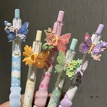 2/4/6pcs Cute Floral & Butterfly Pattern Neutral Pens, 0.5mm Fine Tip, Smooth Writing, Black Ink, High Quality & Durable, Suitable For Office & Study, Multipurpose, Quick-Drying, Ideal For Students, Back To School - Butterfly Flower Pen - View 5