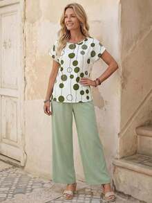 Set de 2 piezas con top de manga corta y pantalón de pierna ancha con estampado geométrico para mujer - Verde - Ver 5