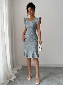 Vestido elegante de jacquard de cuello cuadrado y manga corta para uso diario, verano - Gris azul - Ver 4