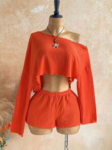 Casual 2-Piece Set Consisting Of A Cropped Top With An Irregular Neckline And Lettuce Hem, And Shorts, In A Solid Color, For Vacation, Spring/Summer - 橘色 2 - View 9