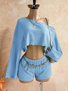 Casual 2-Piece Set Consisting Of A Cropped Top With An Irregular Neckline And Lettuce Hem, And Shorts, In A Solid Color, For Vacation, Spring/Summer - 賽萊斯特 - 查看 1